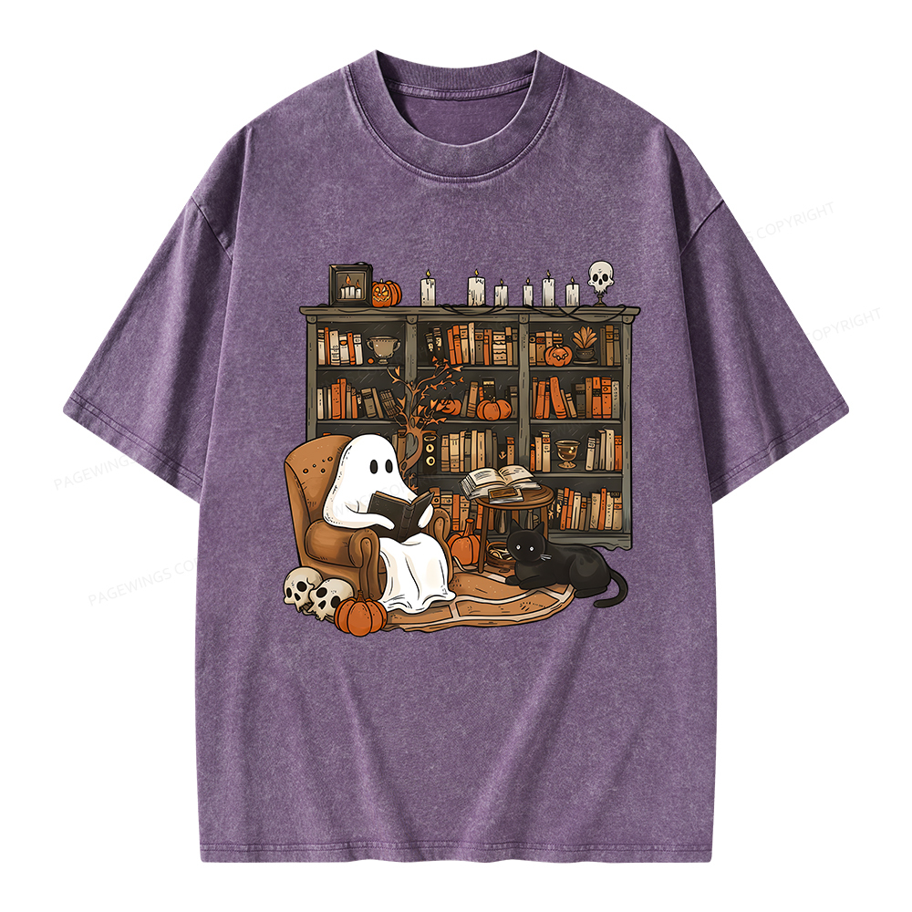 Pagewings Halloween Ghost Reading Books Unisex Washed T-shirt