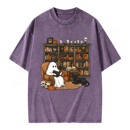 Pagewings Halloween Ghost Reading Books Unisex Washed T-shirt
