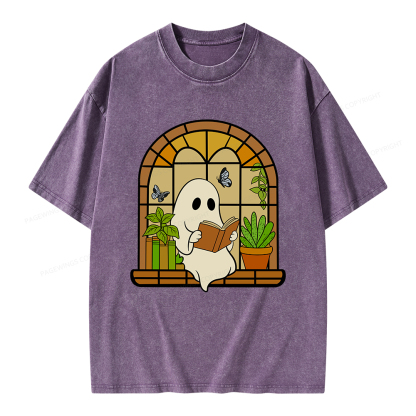 Pagewings Ghost Reading Book Halloween Unisex Washed T-shirt
