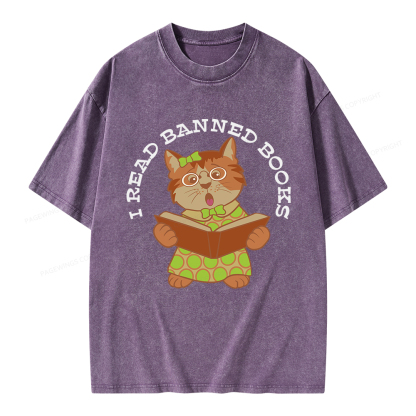 Pagewings I Read Banned Books Kitten Unisex Washed T-shirt