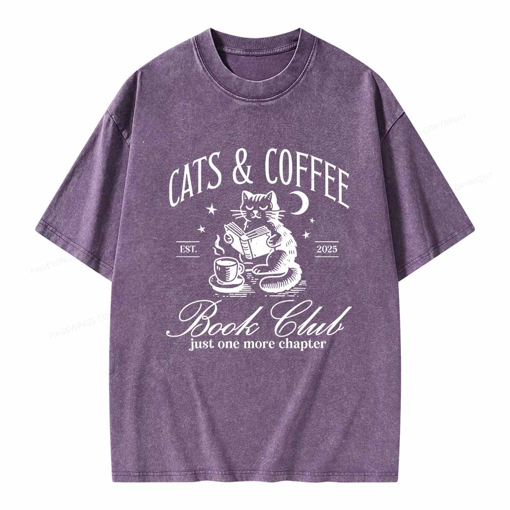 Pagewings Cats and Coffee Bookclub Unisex Washed T-shirt