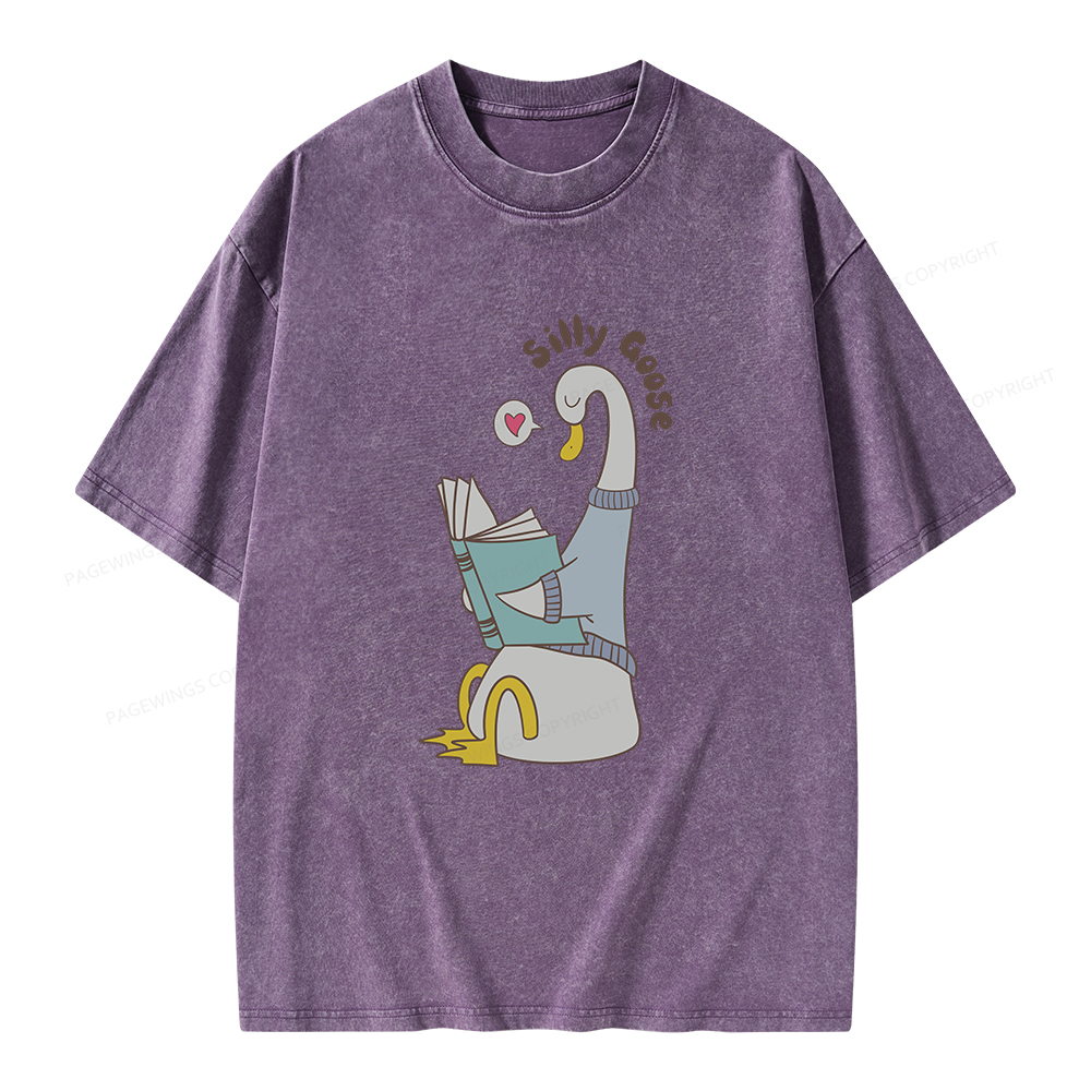 Pagewings Cute Silly Goose Reading Book Unisex Washed T-shirt