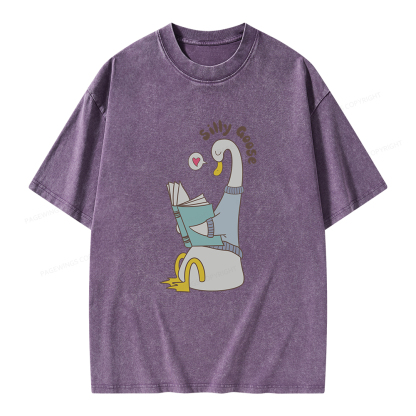 Pagewings Cute Silly Goose Reading Book Unisex Washed T-shirt