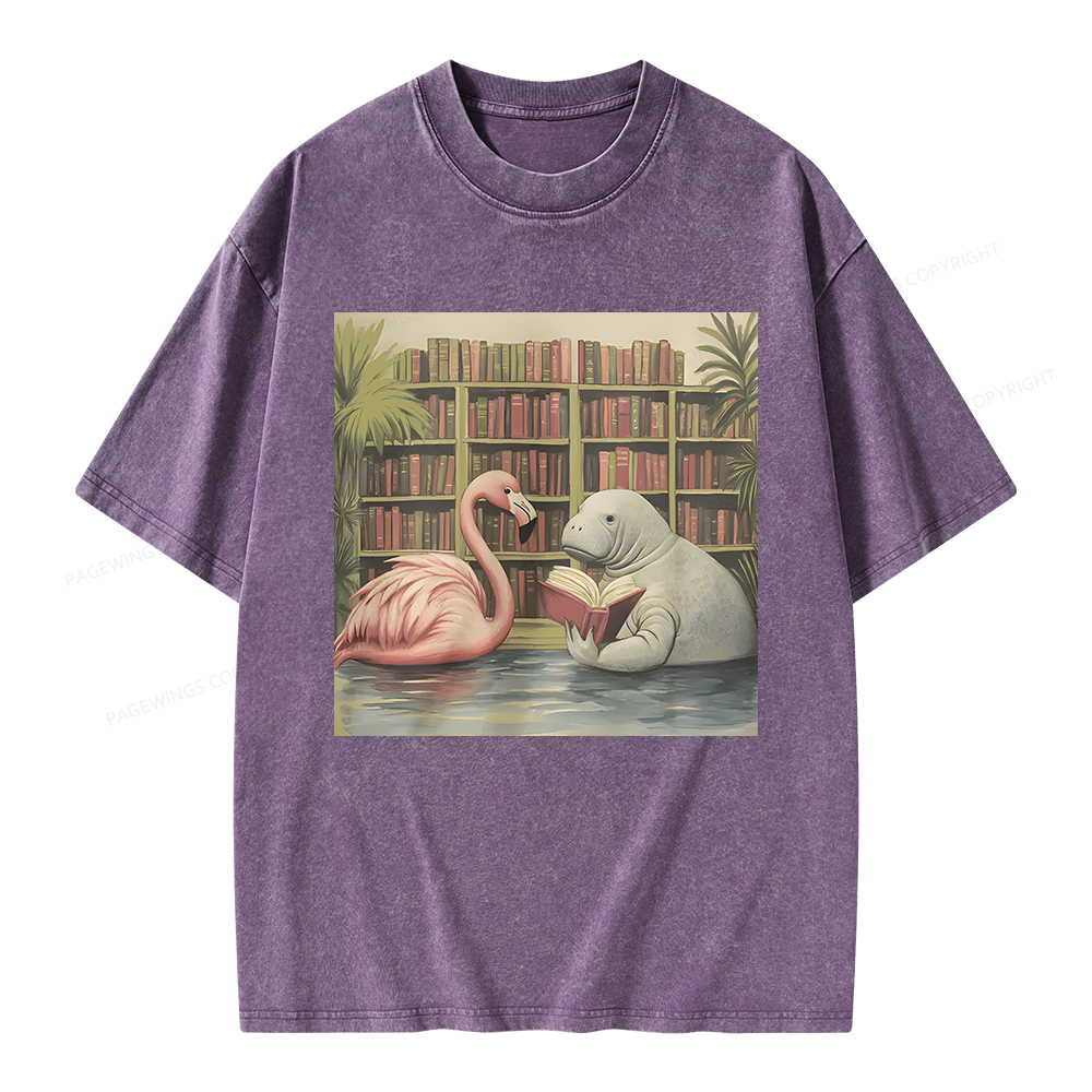 Pagewings Flamingo & Manatee Reading Book Unisex Washed T-shirt
