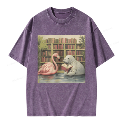 Pagewings Flamingo & Manatee Reading Book Unisex Washed T-shirt