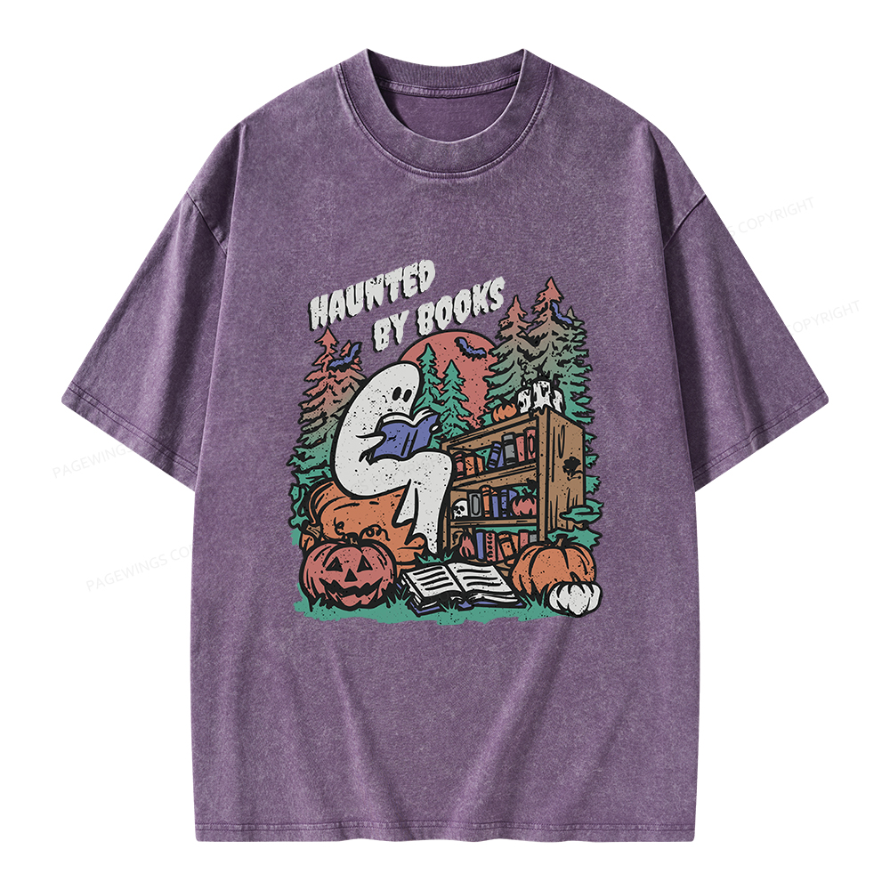 Pagewings Ghost Reading Book Halloween Unisex Washed T-shirt