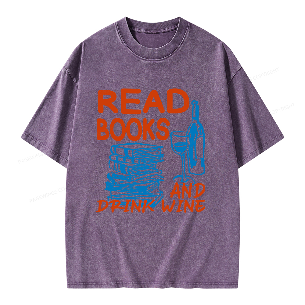 Pagewings Read Book And Drink Wine Unisex Washed T-shirt