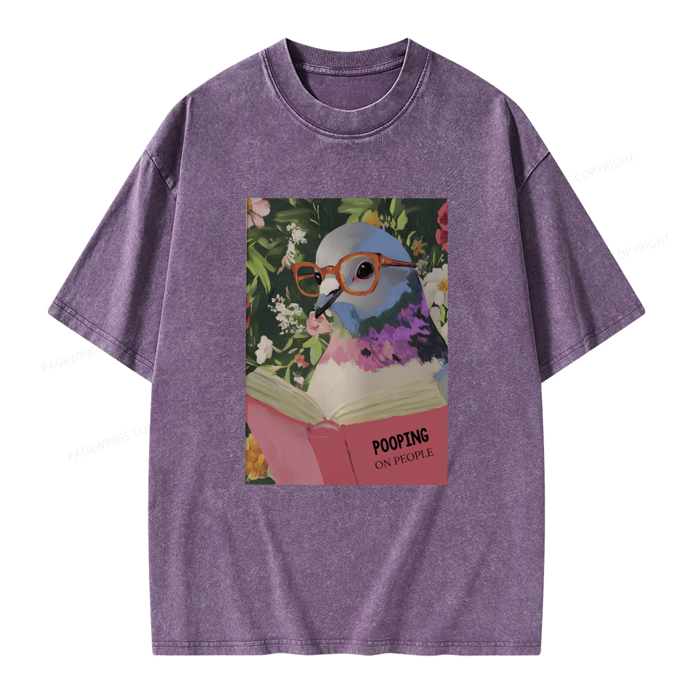 Pagewings Humorous Pigeon Reading Unisex Washed T-shirt