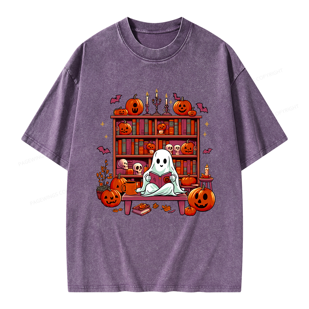 Pagewings Ghost Book Reader  Unisex Washed T-shirt