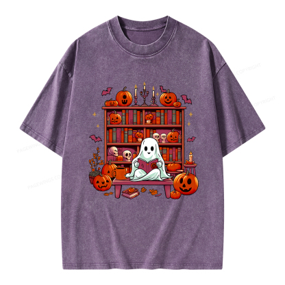Pagewings Ghost Book Reader  Unisex Washed T-shirt