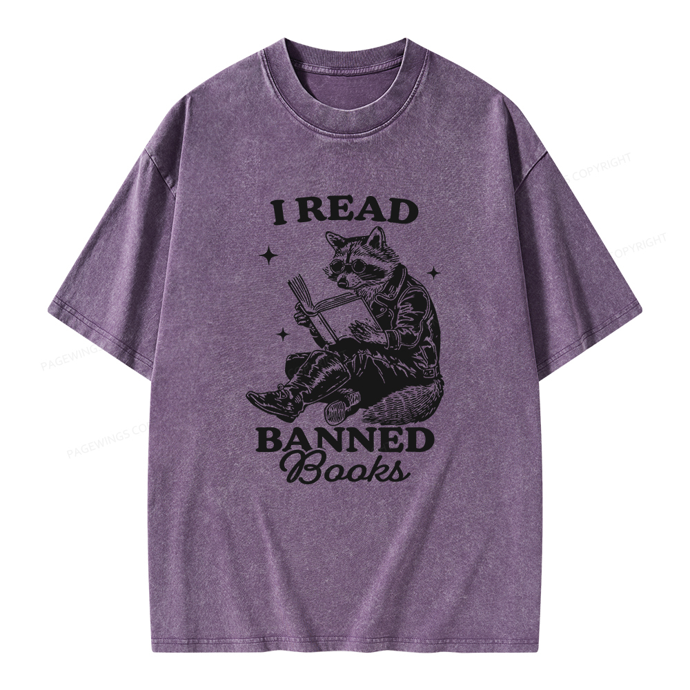 Pagewings I Read Banned Books Raccoon Reading Unisex Washed T-shirt