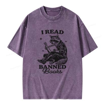 Pagewings I Read Banned Books Raccoon Reading Unisex Washed T-shirt
