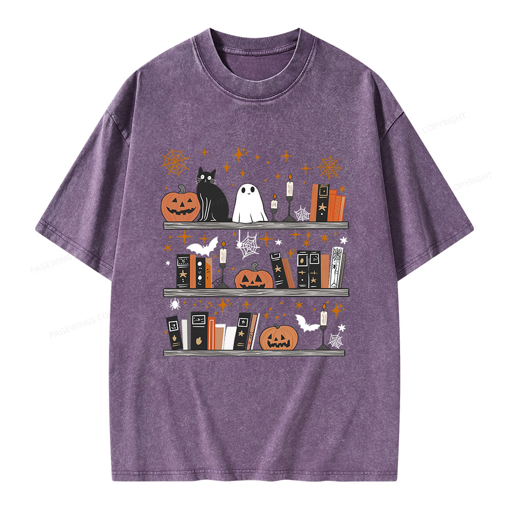 Pagewings Halloween Book Shelf Summerween Unisex Washed T-shirt
