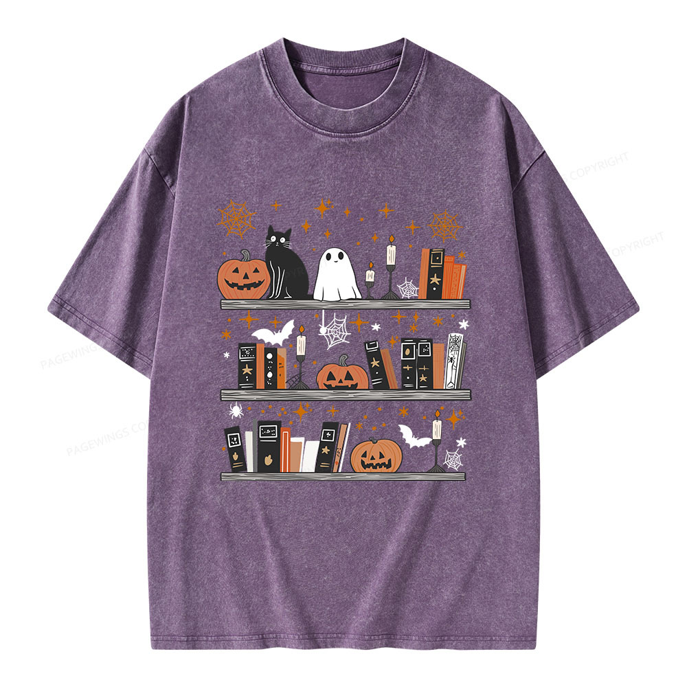 Pagewings Halloween Book Shelf Summerween Unisex Washed T-shirt