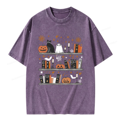 Pagewings Halloween Book Shelf Summerween Unisex Washed T-shirt