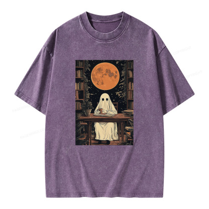Pagewings Halloween Ghost Books Coffee  Unisex Washed T-shirt