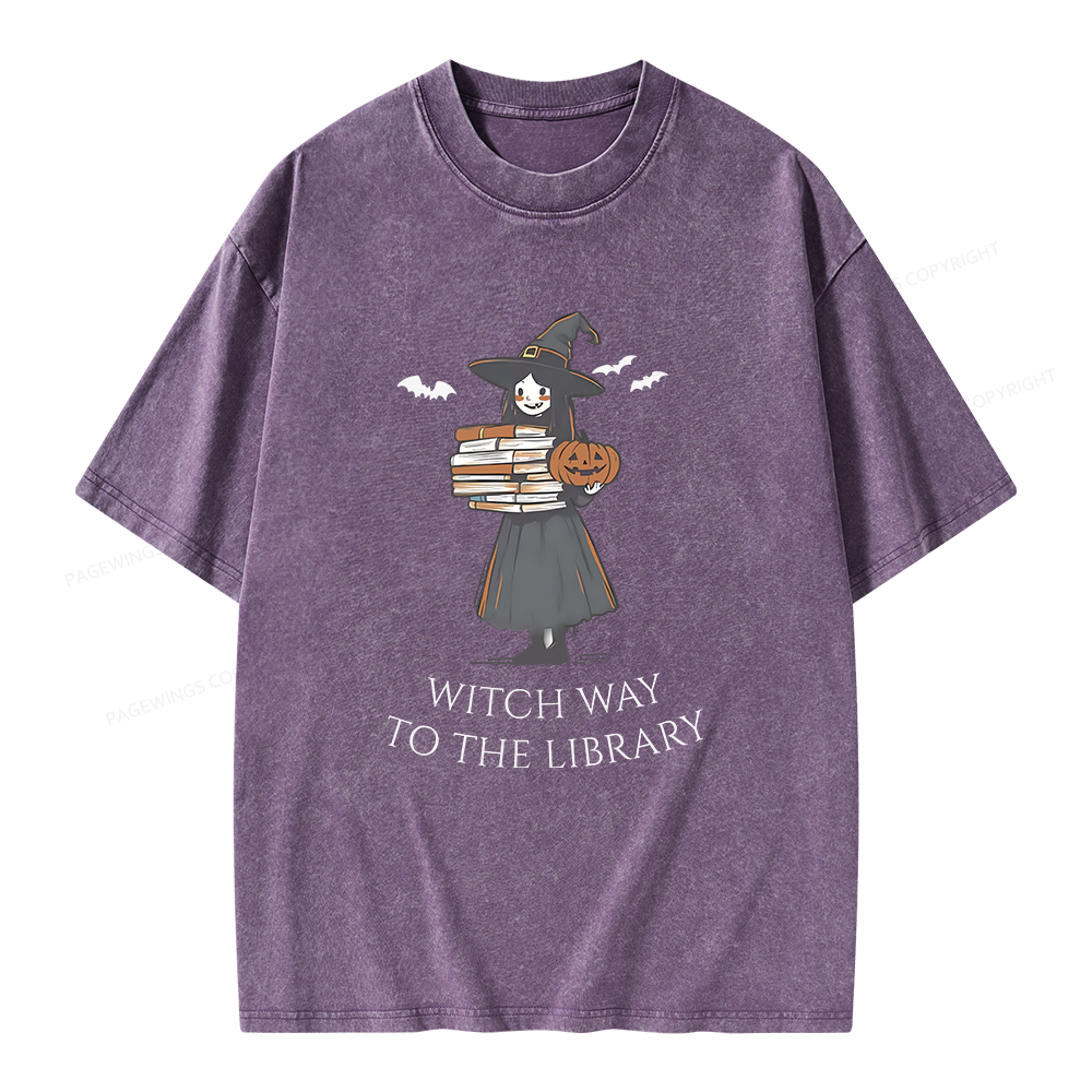 Pagewings Witch Way To The Library Halloween Unisex Washed T-shirt