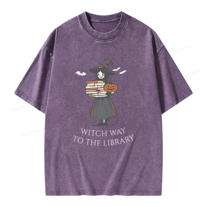 Pagewings Witch Way To The Library Halloween Unisex Washed T-shirt
