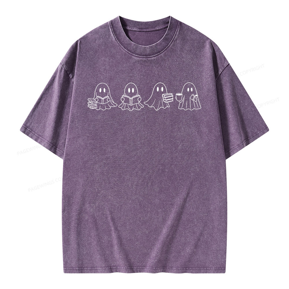 Pagewings Halloween Cute Ghost Reading Books Unisex Washed T-shirt
