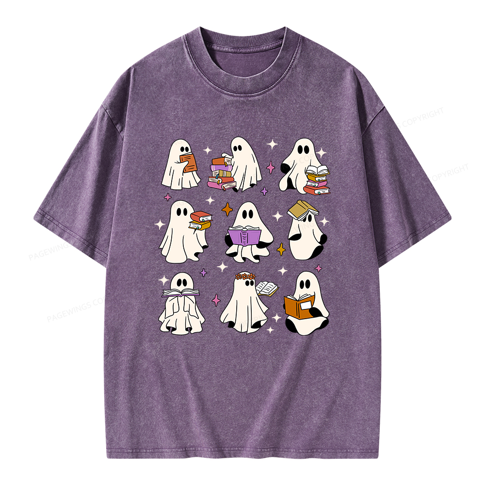 Pagewings Ghost Reading Books Unisex Washed T-shirt