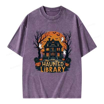 Pagewings Haunted Library Halloween Unisex Washed T-shirt