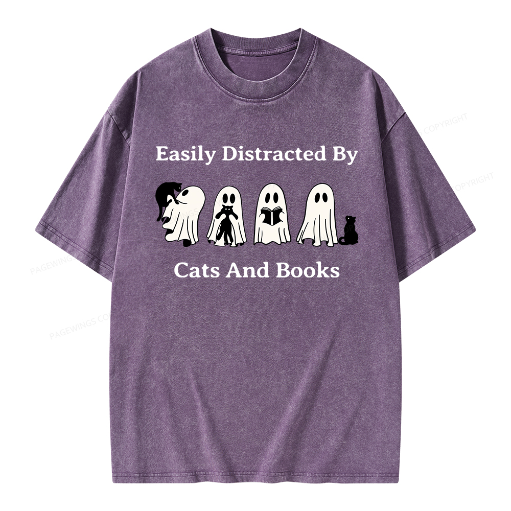 Pagewings Easily Distracted By Cats And Books Unisex Washed T-shirt