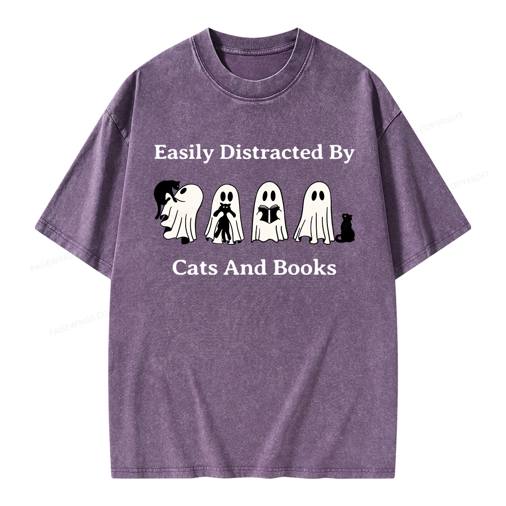 Pagewings Easily Distracted By Cats And Books Unisex Washed T-shirt