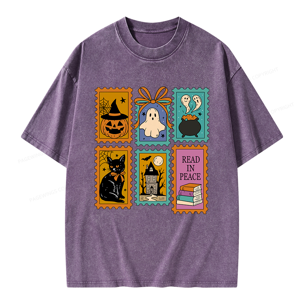 Pagewings Halloween Cute Ghost Pumpkin Cat Unisex Washed T-shirt
