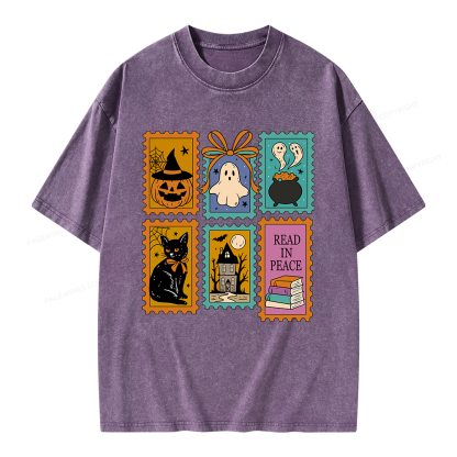 Pagewings Halloween Cute Ghost Pumpkin Cat Unisex Washed T-shirt
