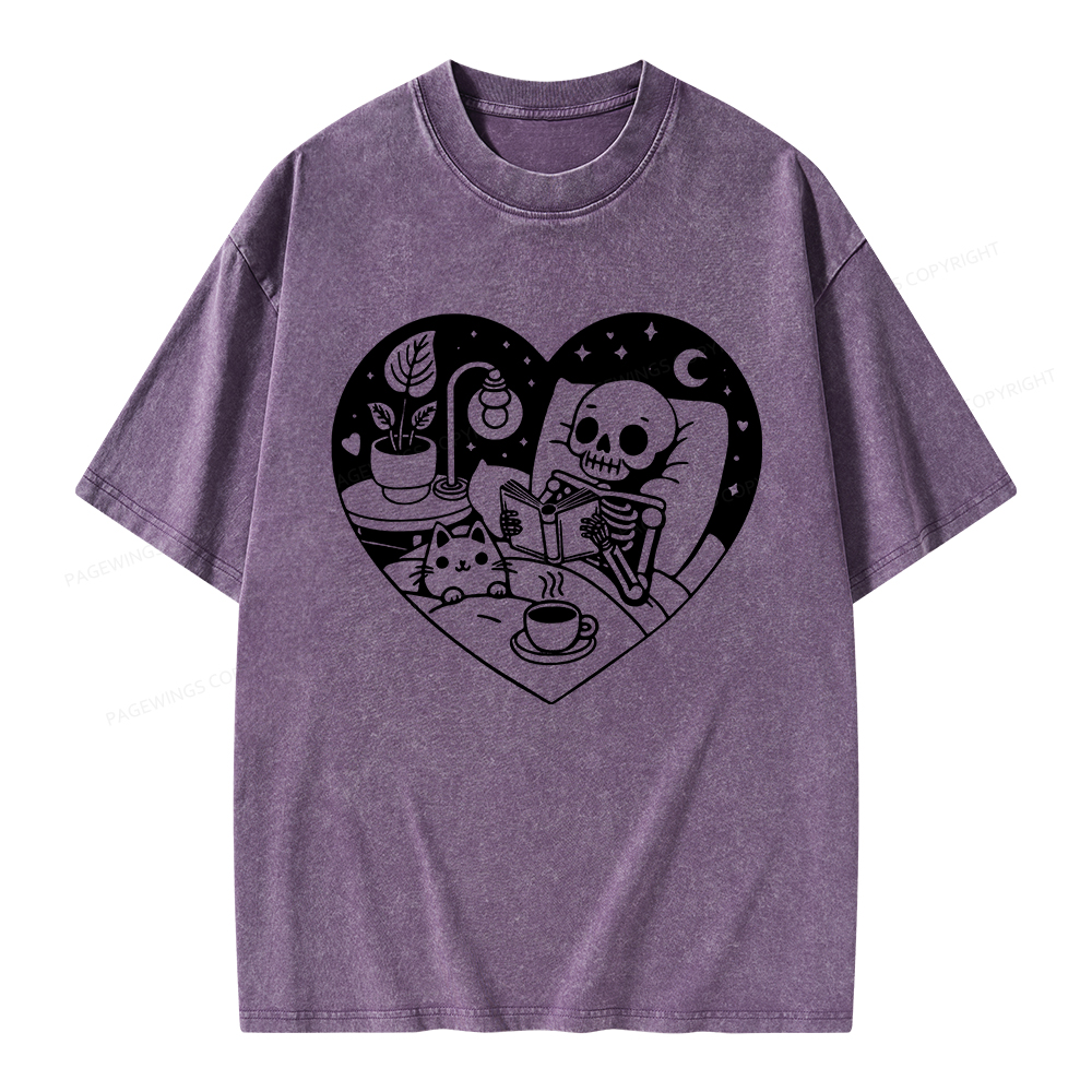 Pagewings Reading Skeleton and Cat Unisex Washed T-shirt