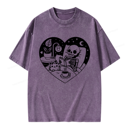 Pagewings Reading Skeleton and Cat Unisex Washed T-shirt