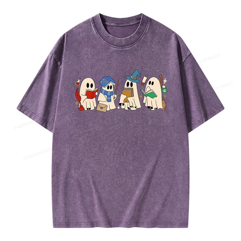Pagewings Halloween Ghosts Reading Book Unisex Washed T-shirt