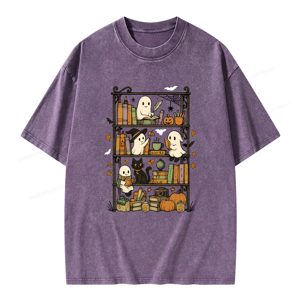 Pagewings Retro Halloween Bookshelf Unisex Washed T-shirt
