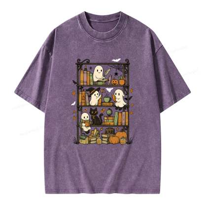 Pagewings Retro Halloween Bookshelf Unisex Washed T-shirt