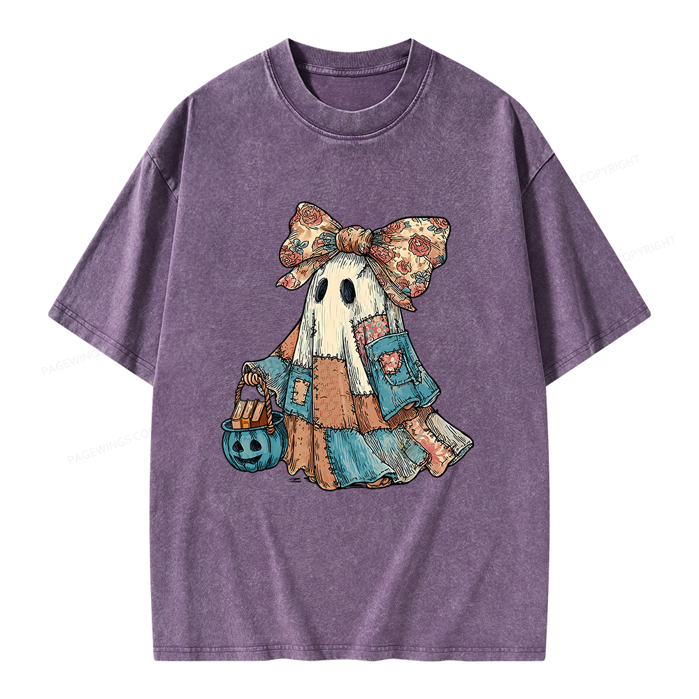 Pagewings Halloween Patchwork Spooky Ghost Buy Books Unisex Washed T-shirt