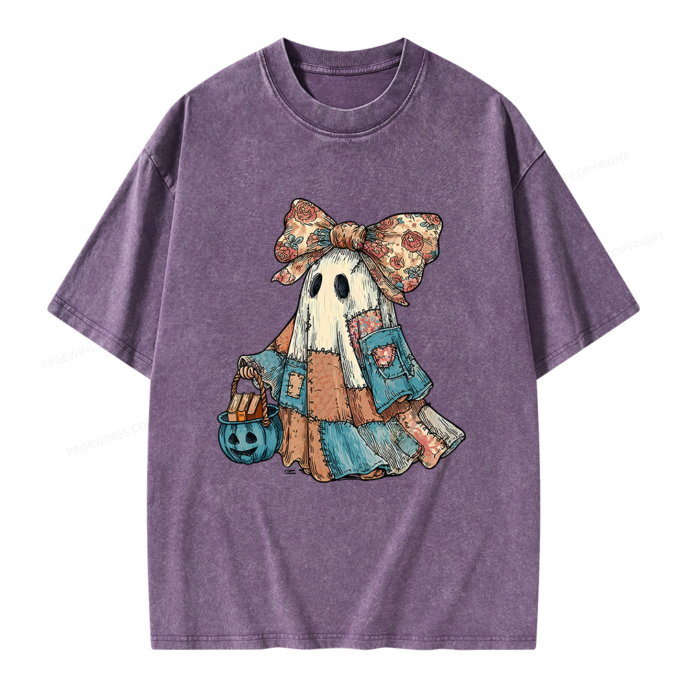 Pagewings Halloween Patchwork Spooky Ghost Buy Books Unisex Washed T-shirt