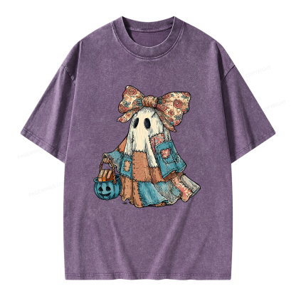 Pagewings Halloween Patchwork Spooky Ghost Buy Books Unisex Washed T-shirt