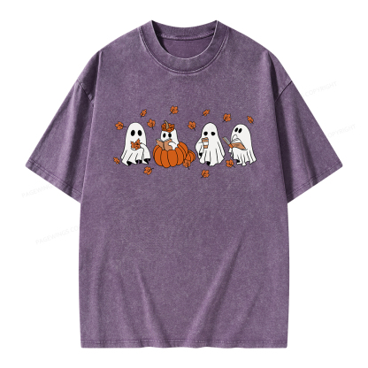 Pagewings Halloween Fall Ghost Reading Books Unisex Washed T-shirt