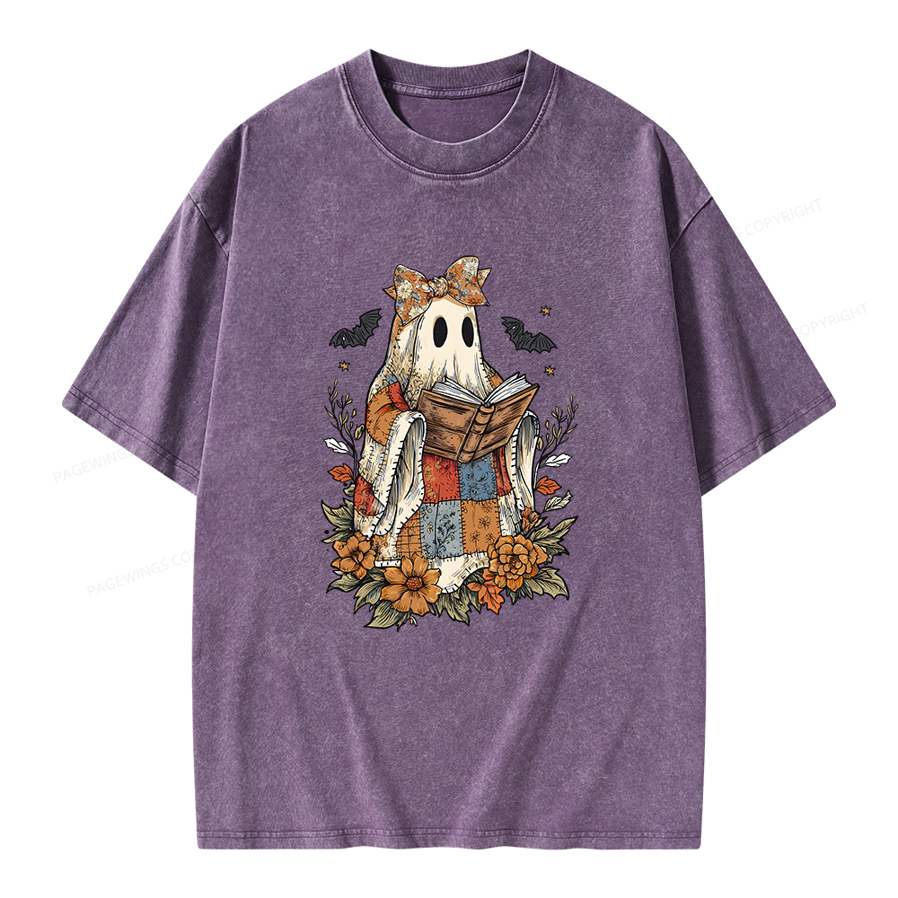 Pagewings Patchwork Ghost Reading Books Unisex Washed T-shirt
