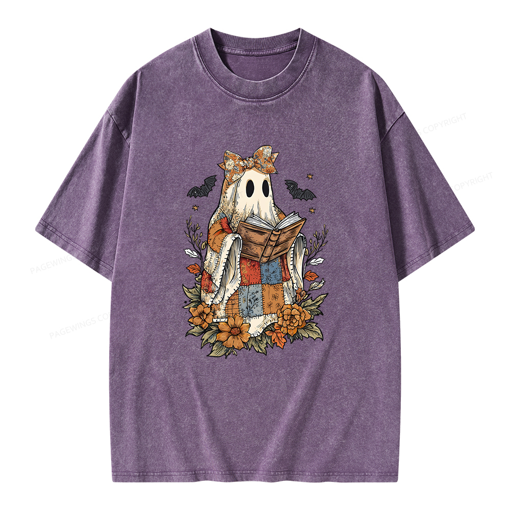 Pagewings Patchwork Ghost Reading Books Unisex Washed T-shirt