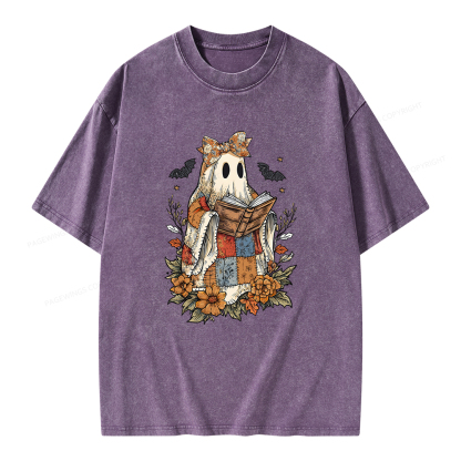 Pagewings Patchwork Ghost Reading Books Unisex Washed T-shirt