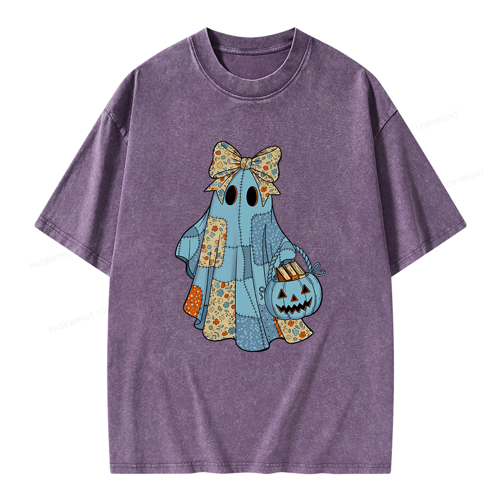 Pagewings Halloween Patchwork Spooky Ghost Reading Books Unisex Washed T-shirt