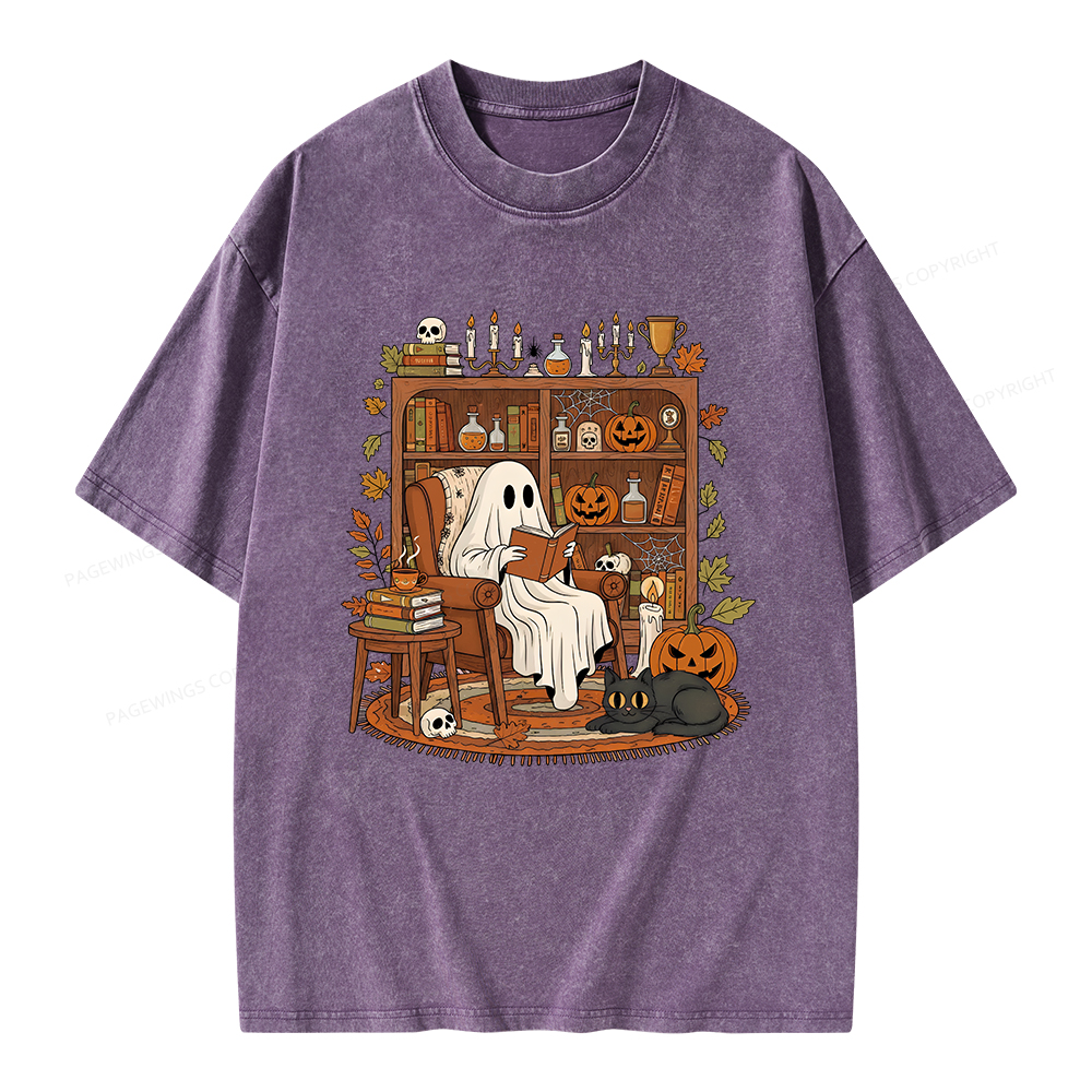 Pagewings Cozy Ghost Reading Halloween Unisex Washed T-shirt