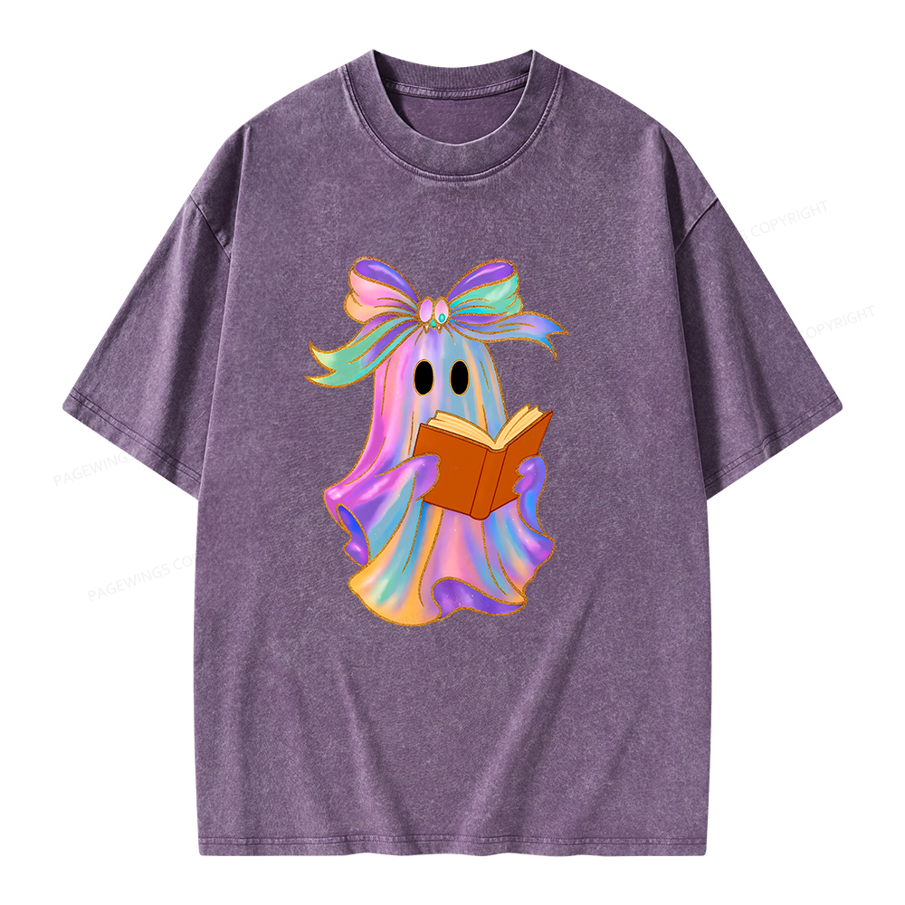 Pagewings Ghost Reading Halloween Unisex Washed T-shirt