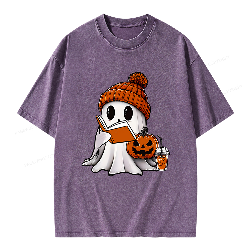 Pagewings Halloween Ghost Book Lover Unisex Washed T-shirt