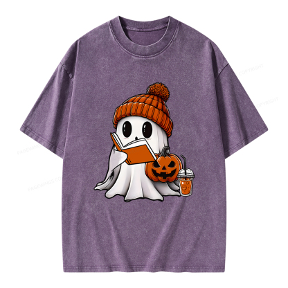 Pagewings Halloween Ghost Book Lover Unisex Washed T-shirt