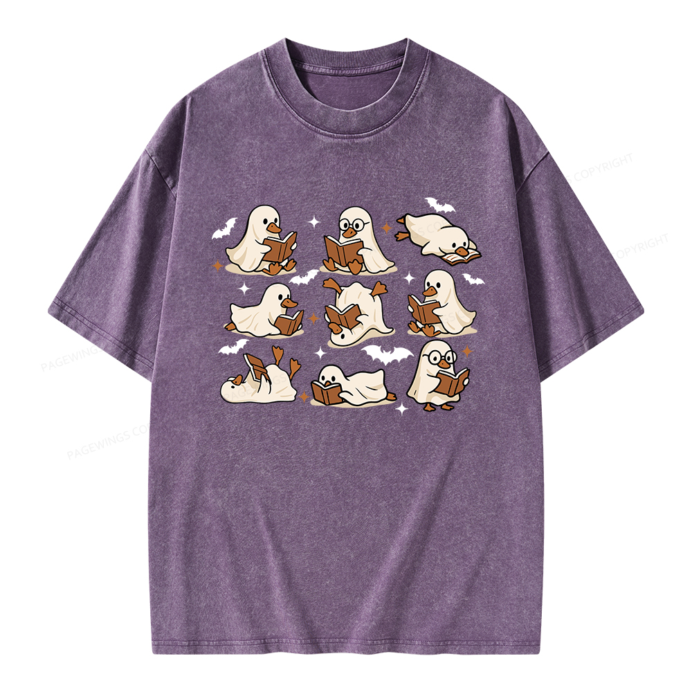 Pagewings Ghost Duck Reading Books Unisex Washed T-shirt