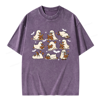 Pagewings Ghost Duck Reading Books Unisex Washed T-shirt