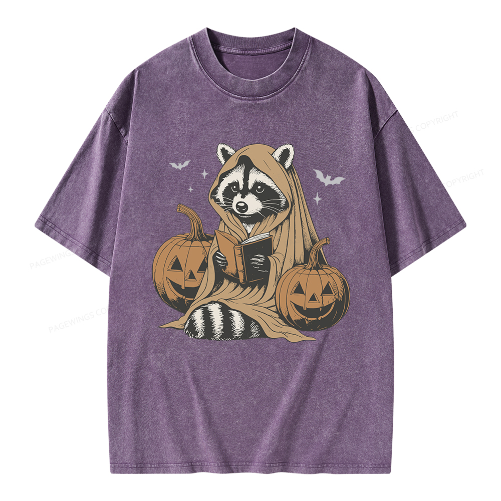 Pagewings Halloween Cute Raccoon Ghost Reading Unisex Washed T-shirt