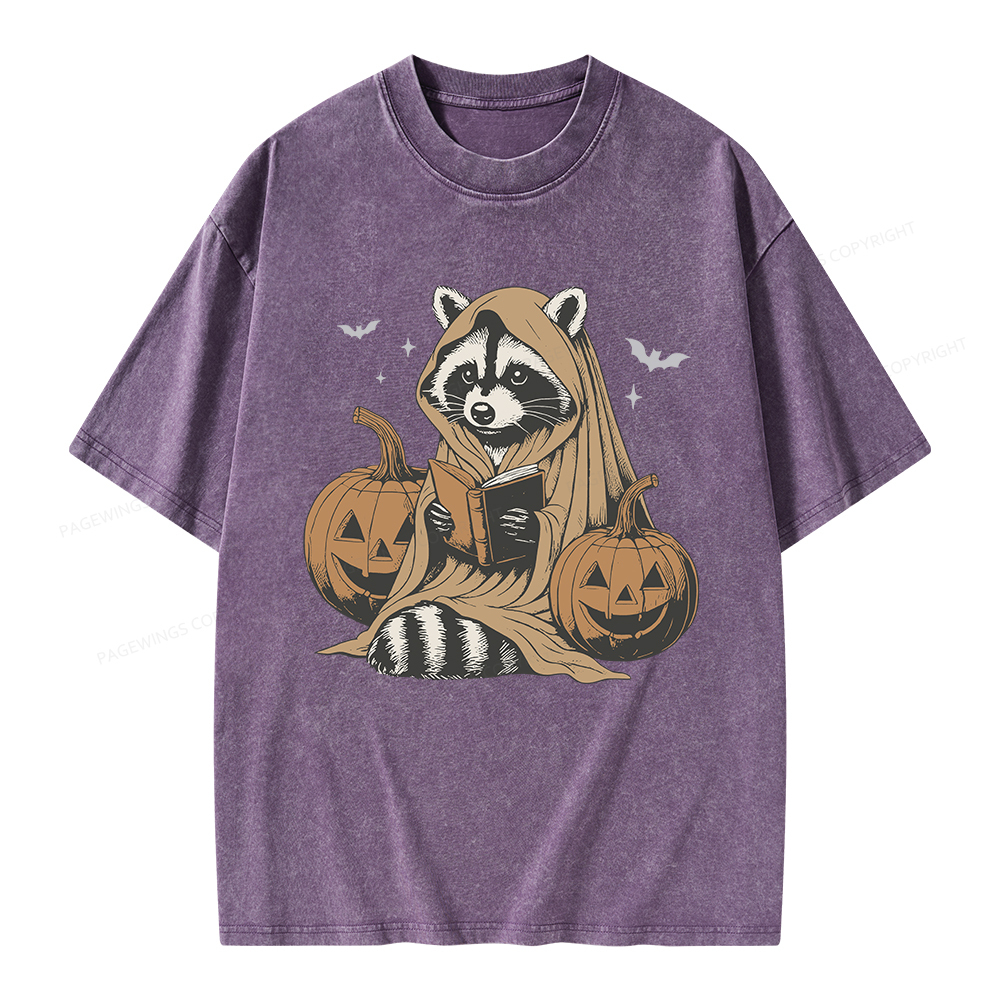 Pagewings Halloween Cute Raccoon Ghost Reading Unisex Washed T-shirt